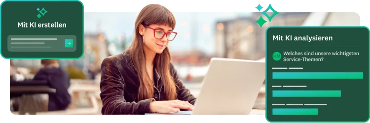 Eine Frau in Samtjacke und roter Brille arbeitet im Freien an ihrem Laptop. Zwei Felder überlagern das Bild: „Mit KI erstellen“ mit einer Platzhalter-Anfrage und „Mit KI analysieren“ mit einer Anfrage nach den „wichtigsten Service-Themen“ und einem Balkendiagramm mit den Ergebnissen.