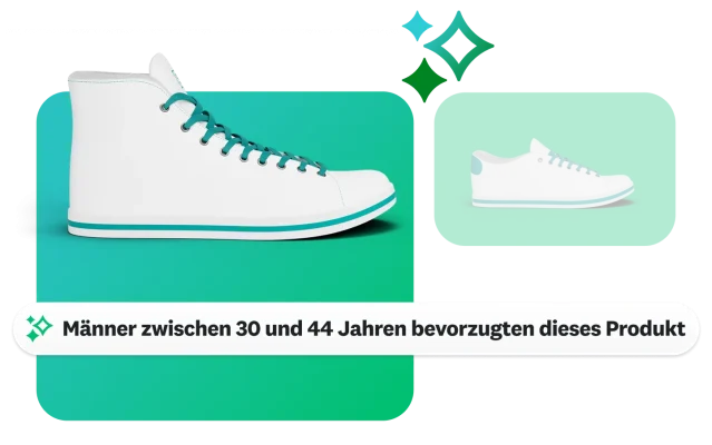 Bild eines Turnschuhs, daneben die Erkenntnis, dass Männer im Alter von 30 bis 44 Jahren dieses Produkt bevorzugen