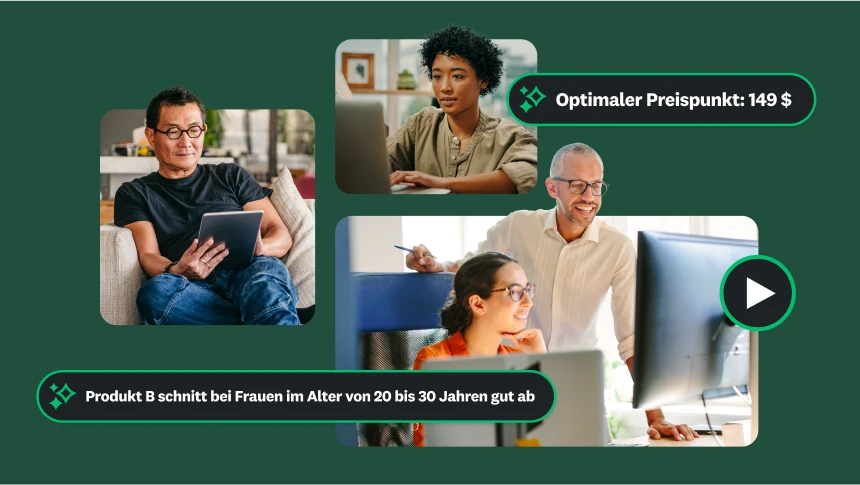 Fotos von verschiedenen Personen bei der Arbeit an Laptops oder Tablets. Außerdem wird gezeigt, dass der optimale Preispunkt bei 149 $ liegt und Produkt B bei Frauen im Alter von 20 –30 Jahren gut abgeschnitten hat