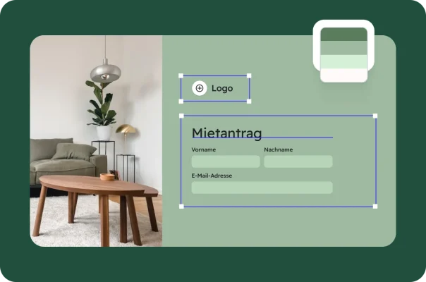 Ein Bildschirm, auf dem ein Mietantragsformular mit Entwurfsoptionen zu sehen ist.