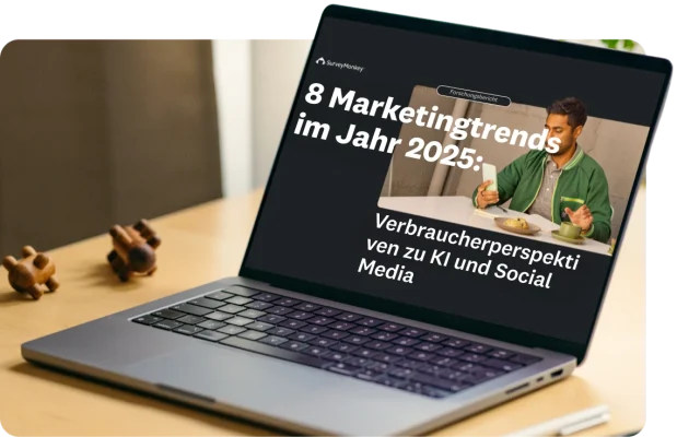 Laptop, auf dessen Bildschirm folgender Titel angezeigt wird: 8 Marketingtrends im Jahr 2025