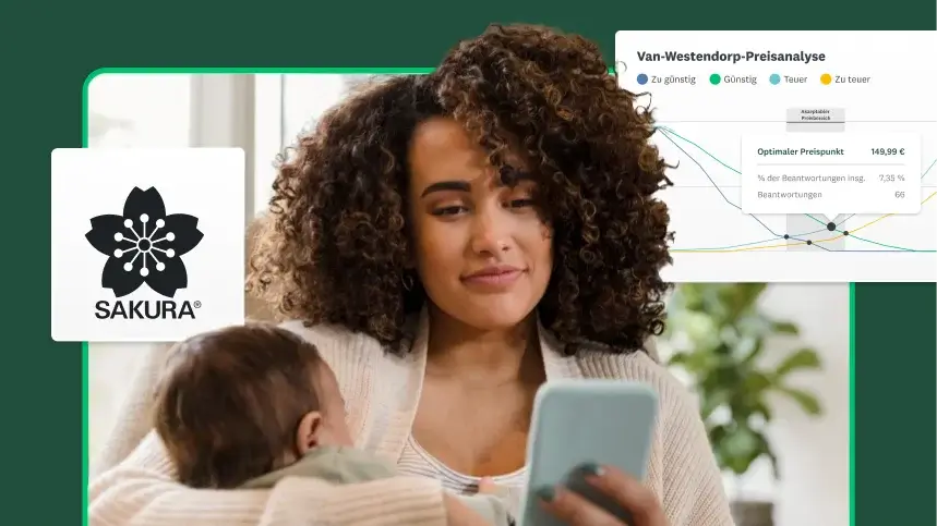 Frau, die ein Baby im Arm hält. Neben ihr das Logo von Sakura und ein Screenshot einer SurveyMonkey-Lösung zur Preisoptimierung