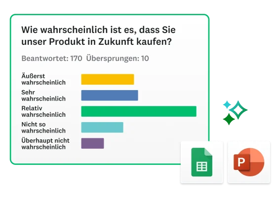 Balkendiagramm mit den Resultaten für Fragen, die die Wahrscheinlichkeit für einen künftigen Kauf eines bestimmten Produkts ermitteln. Daneben Icons von PowerPoint und Excel.