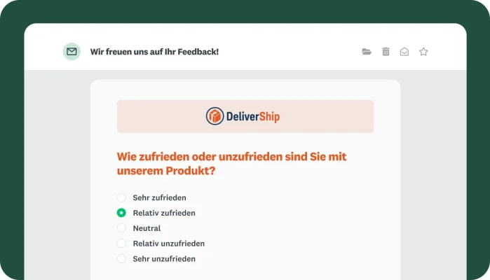 Vorschau einer E-Mail, in die eine Umfrage zur Zufriedenheit mit den Produkten von DeliverShip eingebettet ist.
