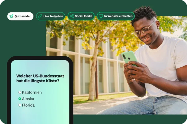 Lächelnder Mann am Smartphone mit einem Overlay einer Geografie-Quizfrage und Optionen für die Freigabe des Quiz