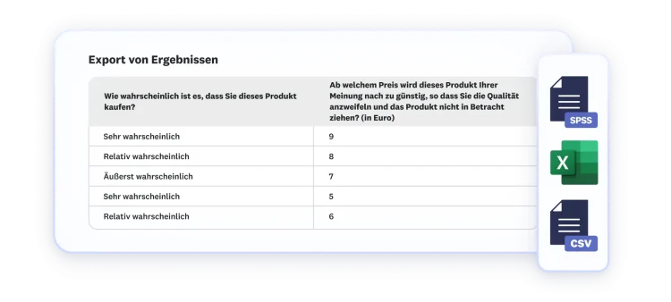 Export der Ergebnisse im CSV-, Excel- und SPSS-Format.