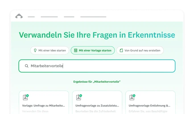 Anfrage-Feld mit der Überschrift Lassen Sie Ihre Fragen zu Erkenntnissen werden, in das eine Anfrage eingegeben werden kann, um dann mit einer Vorlage oder einer Idee oder von Grund auf neu zu beginnen