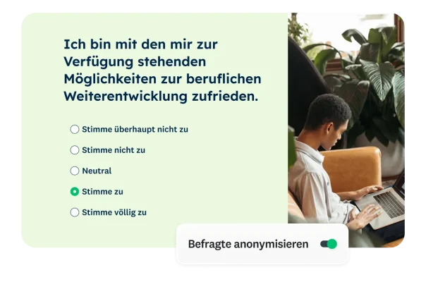 In einer Umfrage wird gefragt, ob die Befragten mit den zur Verfügung stehenden Möglichkeiten zur beruflichen Weiterentwicklung zufrieden sind.