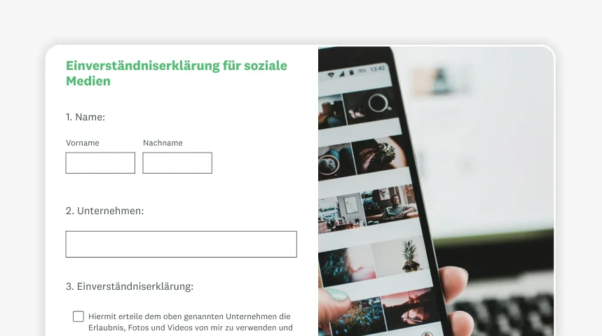 Screenshot eines SurveyMonkey-Formulars zur Einverständniserklärung für soziale Medien.