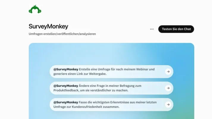 Nutzeroberfläche von SurveyMonkey und ChatGPT mit Beispielanfragen, um mithilfe von KI Befragungen zu erstellen, zu bearbeiten und zusammenzufassen.