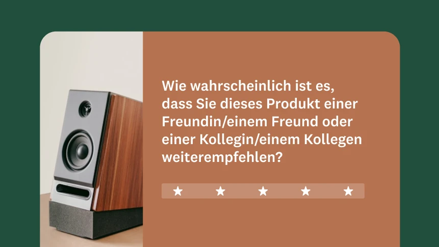 Eine Umfrage zur Bewertung einer Produktempfehlung mit einem 5-Sterne-Ranking und ein Bild eines Lautsprechers.