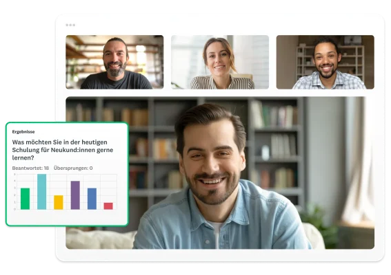 Vier Personen in einem Zoom-Call neben dem Screenshot eines Balkendiagramms mit Umfrageergebnissen