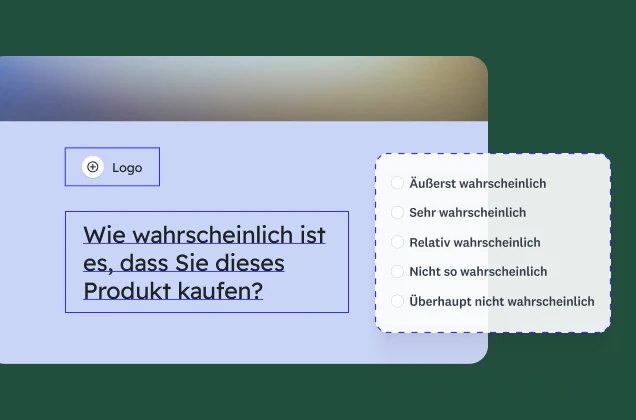 Ein Umfrageformular mit der Frage „Wie wahrscheinlich ist es, dass Sie dieses Produkt kaufen?“ und einer fünfstufigen Bewertungsskala. Ein Platzhalter für ein Logo ist sichtbar.
