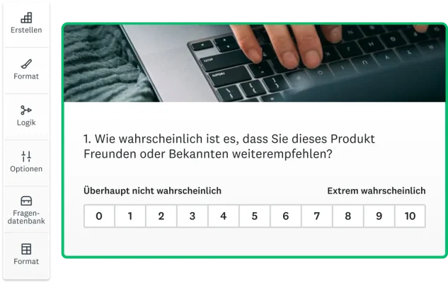 Screenshot einer Frage mit Likert-Skala, die nach der Wahrscheinlichkeit fragt, mit der Sie ein Produkt empfehlen würden