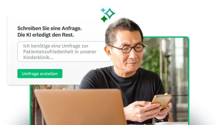Mann, der auf den Bildschirm eines Smartphones schaut. Daneben ein Screenshot von SurveyMonkey-Genie mit der Aufforderung, eine Anfrage einzugeben. Das Tool erledigt den Rest.
