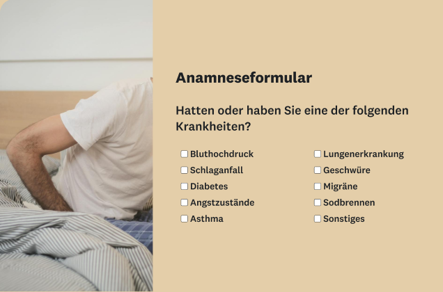 Ein „Anamneseformular“ mit einer Liste von Krankheiten und Kontrollkästchen. Das Formular wird neben dem Foto des Oberkörpers einer Person angezeigt, die sich im Bett aufsetzt.