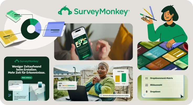 Dashboard mit Beispielen für das neue visuelle Erscheinungsbild von SurveyMonkey.