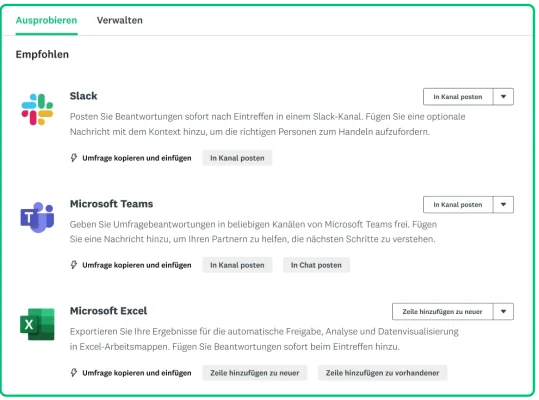 SurveyMonkey-Produkt-Screenshot von drei in SurveyMonkey Connect verfügbaren Apps: Slack, Microsoft Teams und Microsoft Excel