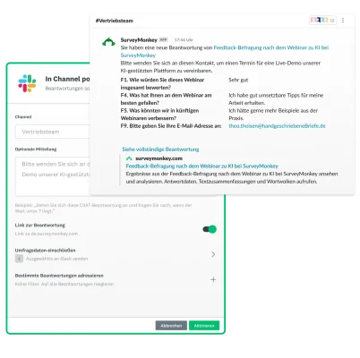 Produkt-Screenshot der Umfragebeantwortungen, die mit SurveyMonkey Connect in einem Slack-Channel freigegeben werden
