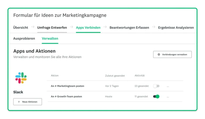 SurveyMonkey-Produkt-Screenshot der Slack-App, welche in SurveyMonkey Connect verfügbar ist