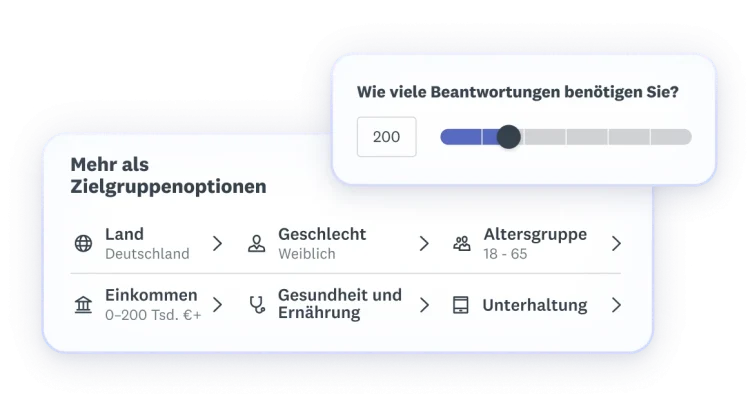 LaunchPad-Screenshots von Targeting-Optionen für ein Online-Panel und der Frage nach der benötigten Anzahl Beantwortungen.