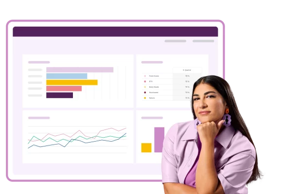 Tief in Gedanken versunkene Frau neben einem Screenshot von Umfrageergebnissen in SurveyMonkey, die ein Balken- und ein Liniendiagramm zeigen