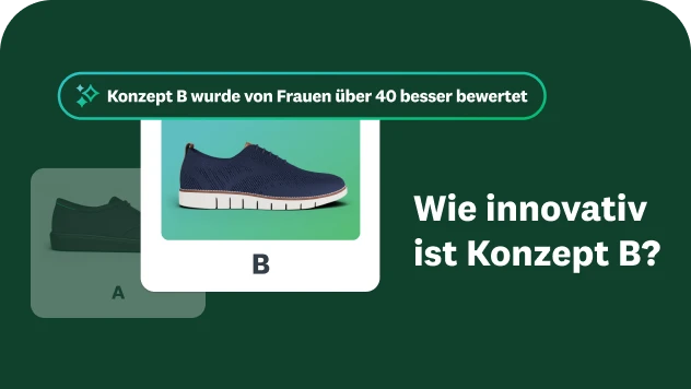 Bilder von zwei verschiedenen Schuhen. Konzept B schneidet bei Frauen über 40 besser ab. Dazu eine Frage über die Innovationskraft von Konzept B.