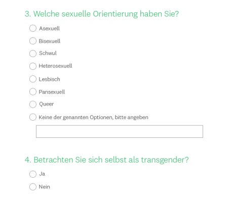 Screenshot zweier Fragen: Welche sexuelle Orientierung haben Sie? Betrachten Sie sich selbst als transgender?