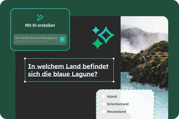 Bild der blauen Lagune mit einem Overlay, das eine Quizfrage zu Reisen zeigt, und eine KI-Anfrage, ein Quiz zu erstellen