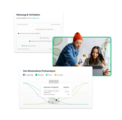 Zwei Personen blicken gemeinsam auf einen Bildschirm, daneben Screenshots der SurveyMonkey-Lösungen für Nutzung und Verhalten und zur Preisoptimierung
