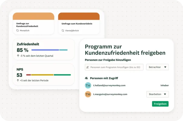 Ein Dashboard, das zwei Umfragen zur Kundenzufriedenheit und die Ergebnisse im Zeitverlauf zeigt, daneben ein Fenster, das die Freigabe der Daten für Ihr Team zeigt.