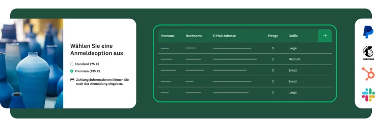 Ein Bildschirm mit Optionen zur Event-Anmeldung, einer Tabelle mit Teilnehmerdaten und Integrationslogos