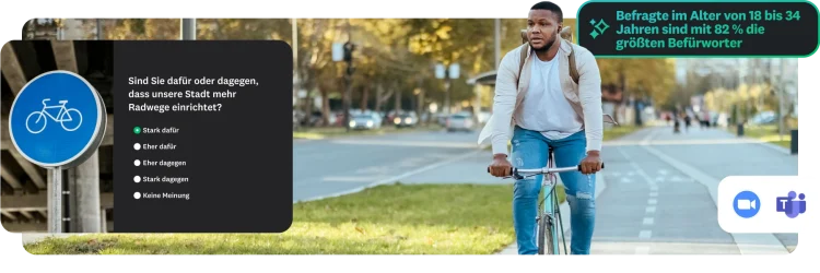 Ein Mann auf einem Fahrrad, der auf einem Radweg unterwegs ist. Daneben eine Befragung auf einem Mobiltelefon, in der nach der Einrichtung weiterer Radwege gefragt wird. Neben dem Kopf des Mannes steht folgende Aussage: „Die Befragten im Alter von 18 bis 34 Jahren waren mit 82 % die größten Befürworter.“ Logos für Zoom und Microsoft Teams sind sichtbar.