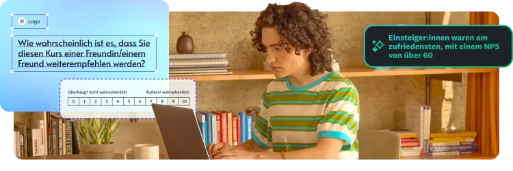 Person an einem Laptop. Überlagert ist eine Frage zu Kursempfehlungen zu sehen sowie ein Callout eines NPS-Werts.