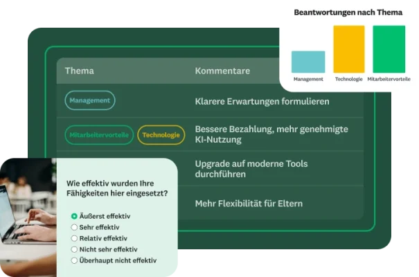 Eine Person, die auf einem Laptop tippt, sowie überlagerte Fenster, die eine Frage und die dazugehörigen Beantwortungen zeigen.
