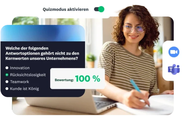 Frau arbeitet an einem Laptop, links ein Overlay mit einem Quiz zu Unternehmenswerten im Quizmodus und einer Bewertung von 100 %