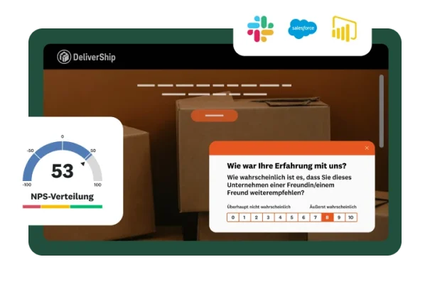 Eine Website-Ansicht von DeliverShip-Kartons mit einem Popup für Kundenfeedback und einem Diagramm mit NPS-Daten und Logos von Integrationen