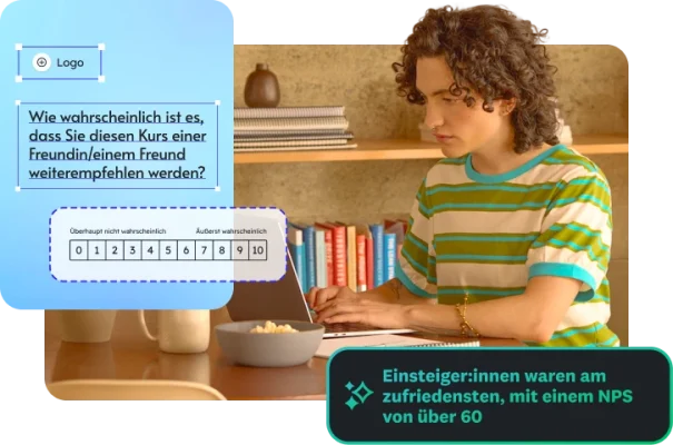 Person an einem Laptop. Überlagert ist eine Frage zu Kursempfehlungen zu sehen sowie ein Callout eines NPS-Werts.