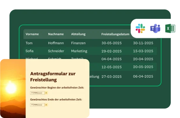 Muster für ein Antragsformular für Freistellungen, in dem das Datum für den Beginn und das Ende des gewünschten Zeitraums erfragt wird, daneben eine Tabelle mit den Namen der verschiedenen Mitarbeitenden und den angefragten Daten für die Freistellung