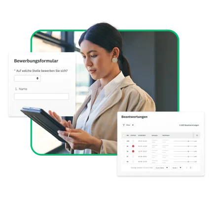 Frau an einem Tablet. Um sie herum Screenshots verschiedener Produkte.