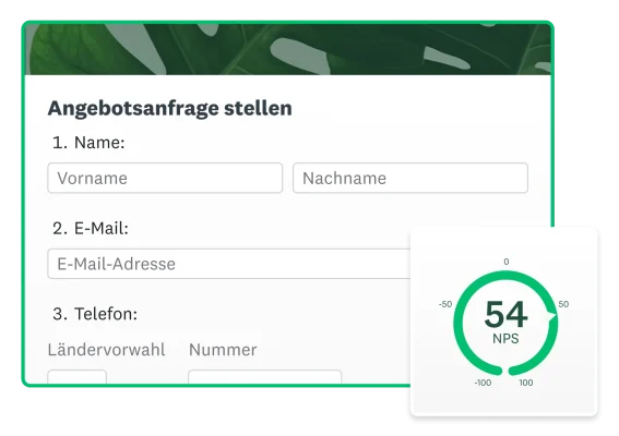Ein SurveyMonkey-Screenshot eines Formulars für die Angebotsanfrage und ein NPS-Wert