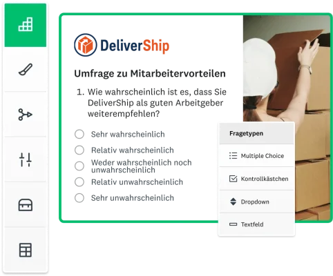 Screenshot einer mit SurveyMonkey erstellten Erhebung zu Mitarbeitervorteilen, in der die Befragten gebeten werden anzugeben, wie wahrscheinlich sie ihren Arbeitgeber als Besten Arbeitgeber weiterempfehlen würden. Daneben ein weiterer Screenshot der Fragetypen, einschließlich Multiple Choice, Kontrollkästchen, Dropdown und Textfeld.