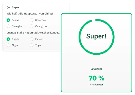 Screenshot eines SurveyMonkey-Quiz zu Hauptstädten und daneben die erzielte Punktzahl von 70 %