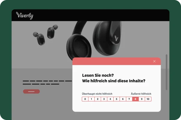 Eine Webseite für Viverly-Kopfhörer mit einer Popup-Umfrage zur Nützlichkeit der Inhalte.