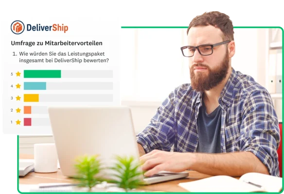 Mann, der an seinem Laptop arbeitet. Seitlich hinter ihm ein Screenshot einer Umfrage, die mit SurveyMonkey erstellt wurde und die Ergebnisse einer Mitarbeiterbewertung zu Zusatzleistungen zeigt.