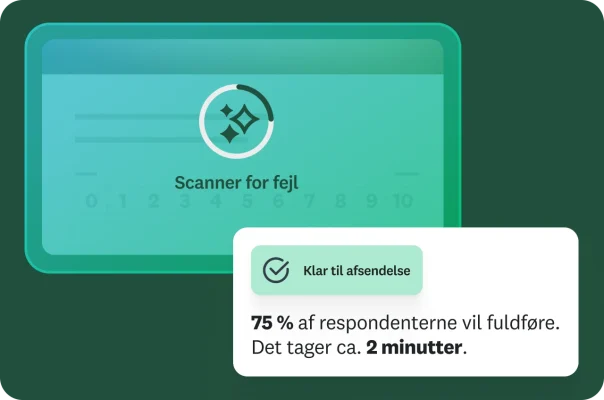 En grafik, der viser en spørgeundersøgelse, der bliver scannet for fejl. Et pop op‑vindue bekræfter "Klar til afsendelse" og anslår, at det vil tage "75 % af respondenterne" "ca. 2 minutter".