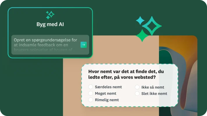 Et billede af et værktøj til oprettelse af spørgeundersøgelser med titlen "Byg med AI". Et eksempel på en prompt er synlig: "Opret en spørgeundersøgelse for at indsamle feedback om en brugers oplevelse med at bruge et website". Et eksempel på et spørgsmål fra spørgeundersøgelsen: "Hvor nemt var det at finde det, du ledte efter på vores website?"