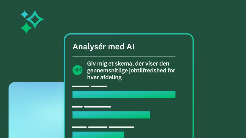 En skærm viser en AI-analyseprompt om at generere et skema med den gennemsnitlige jobtilfredshed i hver afdeling.