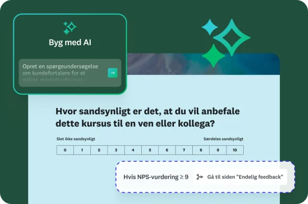 Et NPS‑spørgsmål om anbefaling med forgreningslogik og en AI‑prompt til oprettelse af en spørgeundersøgelse om kundefortalere.