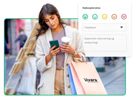 Kvinde med indkøbsposer og telefon ved siden af et skærmbillede af en spørgeundersøgelse om købsoplevelse